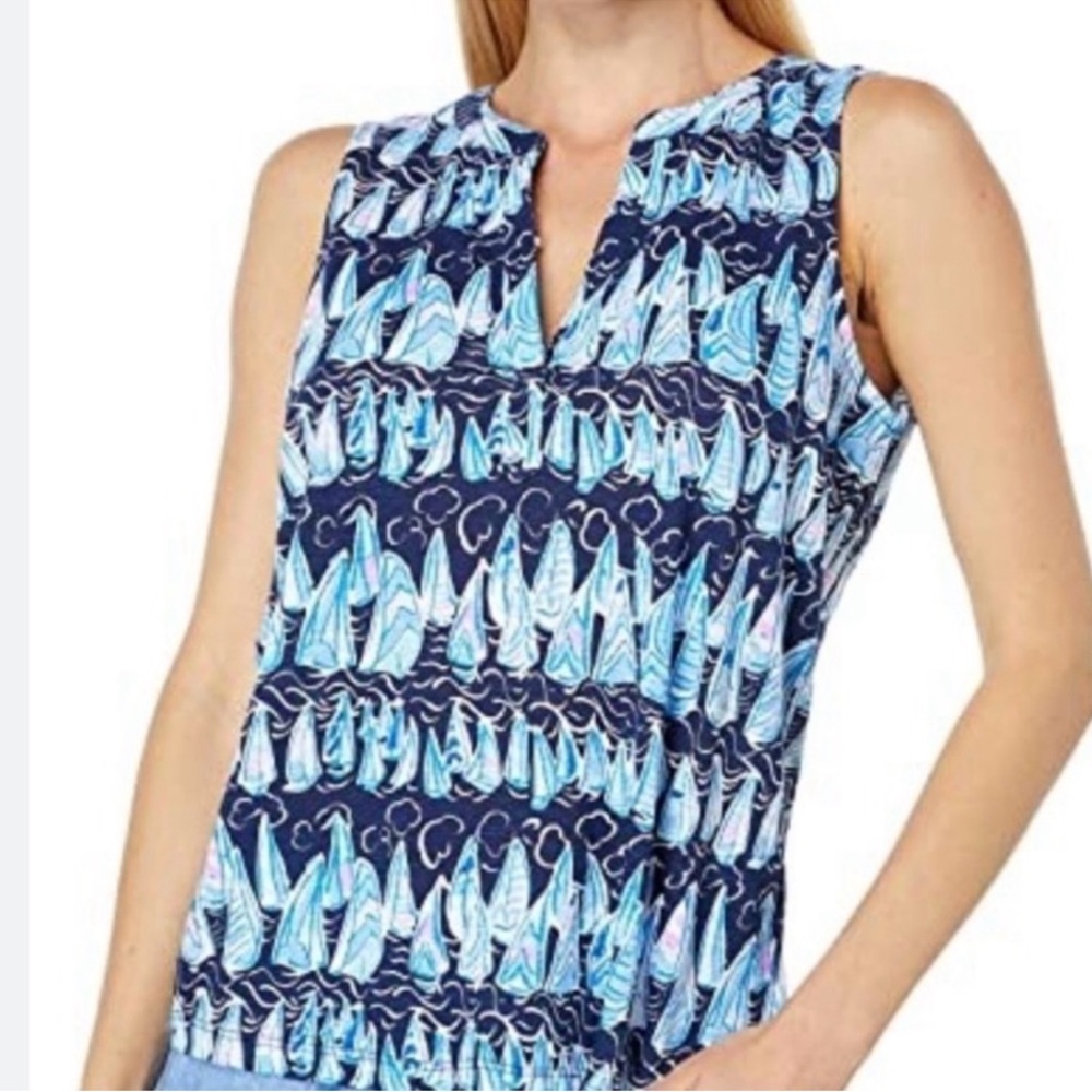 Lilly‎ Pulitzer Low Tide Navy Blue Sails and Stripes Split Neck Tank Top NWT S